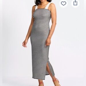 Loveappella Black White Striped Maxi Dress | Stretch Knit Sundress